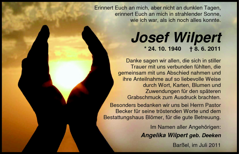  Traueranzeige für Josef Wilpert vom 30.07.2011 aus Nordwest-Zeitung