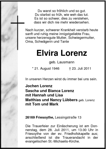 Traueranzeigen Von Elvira Lorenz Nordwest Trauer De