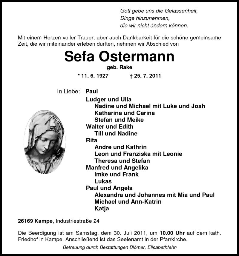  Traueranzeige für Sefa Ostermann vom 28.07.2011 aus Nordwest-Zeitung
