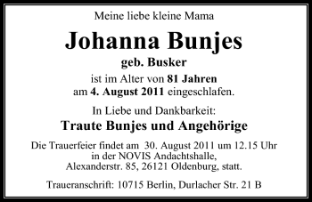 Traueranzeigen Von Johanna Bunjes Nordwest Trauer De