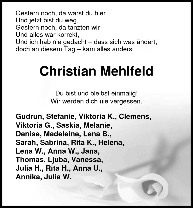  Traueranzeige für Christian Mehlfeld vom 11.08.2011 aus Nordwest-Zeitung