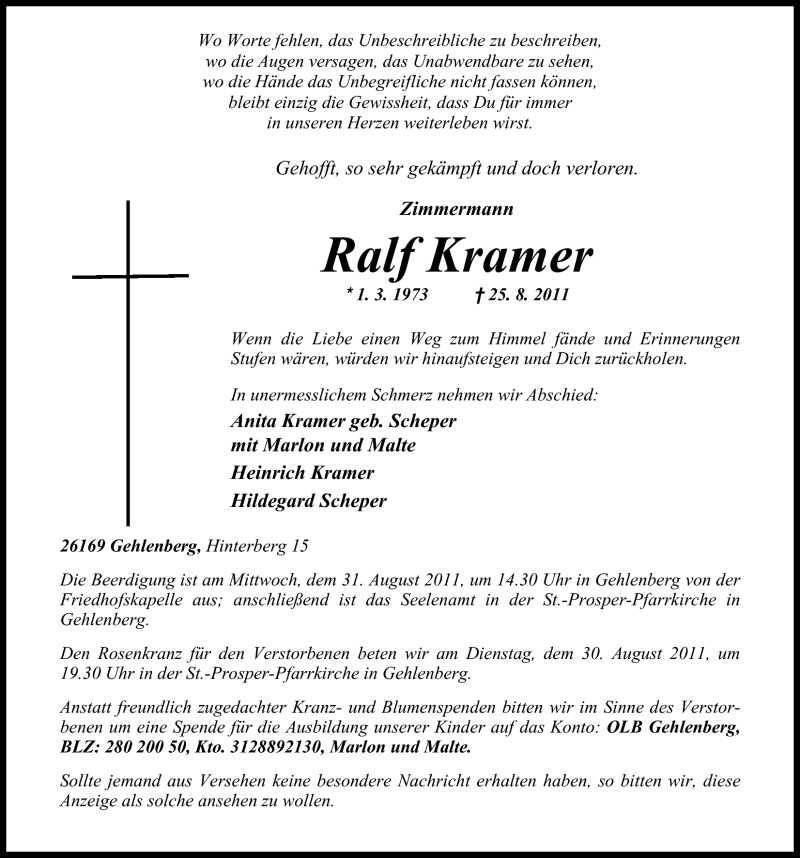  Traueranzeige für Ralf Kramer vom 27.08.2011 aus Nordwest-Zeitung