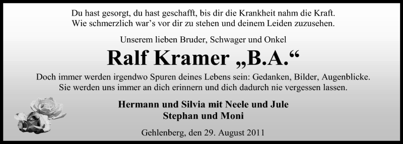  Traueranzeige für Ralf Kramer vom 29.08.2011 aus Nordwest-Zeitung