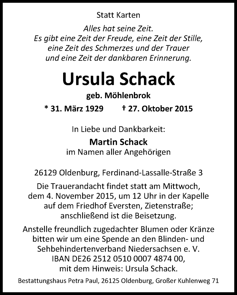 Traueranzeige für Ursula Schack vom 31.10.2015 aus Nordwest-Zeitung