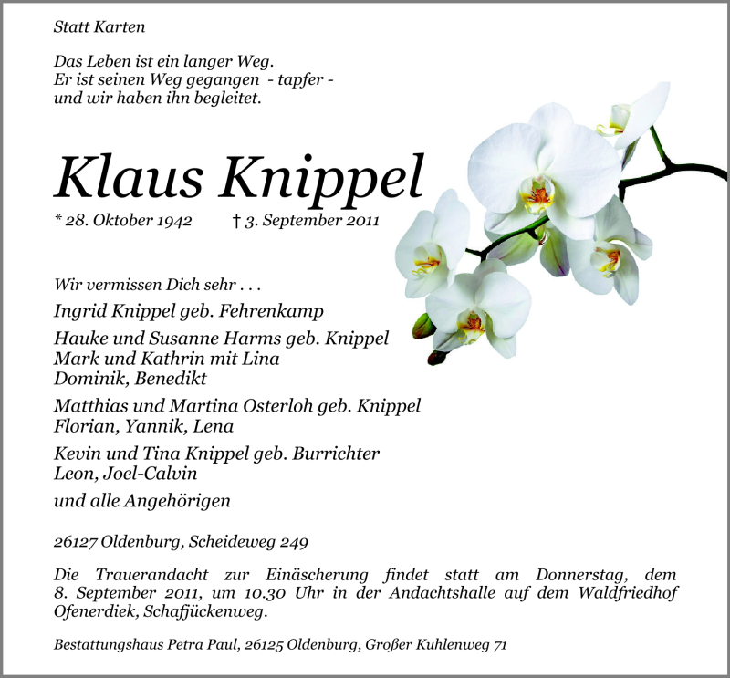  Traueranzeige für Klaus Knippel vom 06.09.2011 aus Nordwest-Zeitung