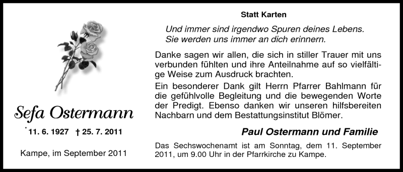  Traueranzeige für Sefa Ostermann vom 09.09.2011 aus Nordwest-Zeitung