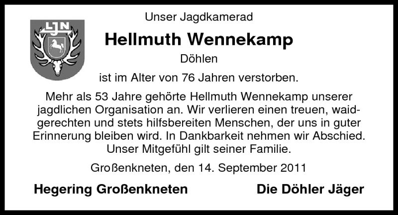  Traueranzeige für Hellmuth Wennekamp vom 14.09.2011 aus Nordwest-Zeitung