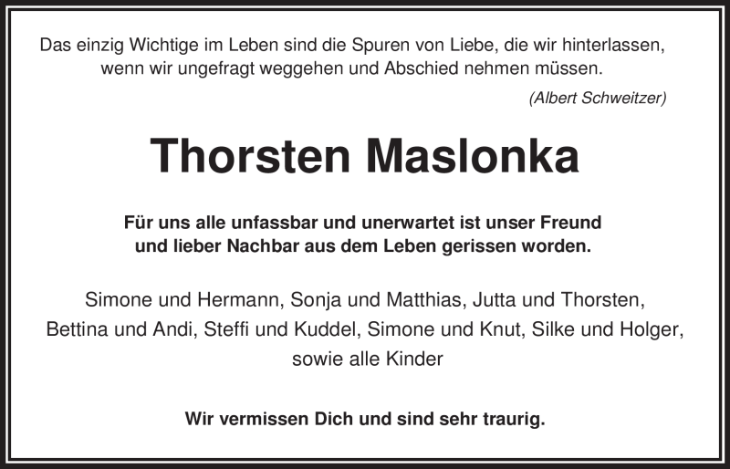  Traueranzeige für Thorsten Maslonka vom 23.09.2011 aus Nordwest-Zeitung