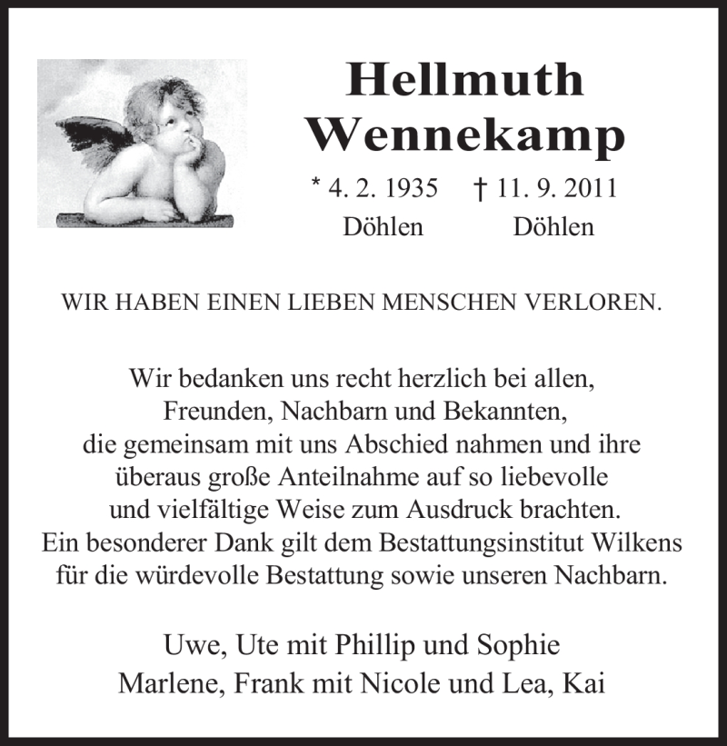  Traueranzeige für Hellmuth Wennekamp vom 27.09.2011 aus Nordwest-Zeitung