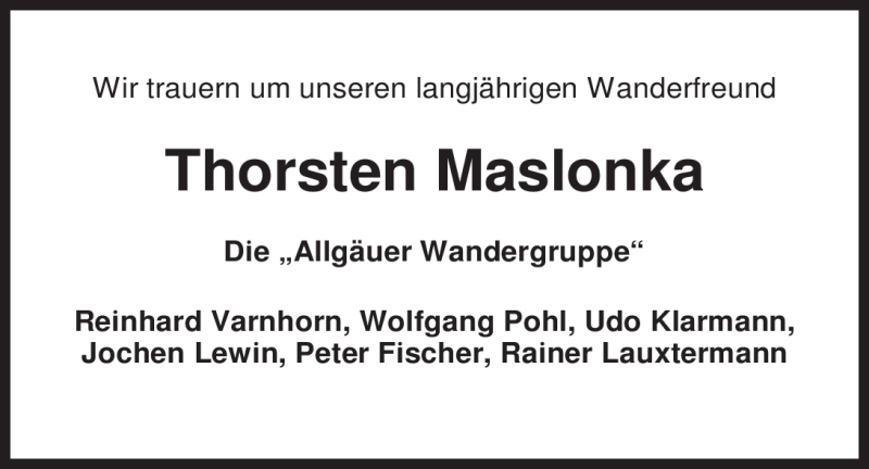  Traueranzeige für Thorsten Maslonka vom 27.09.2011 aus Nordwest-Zeitung