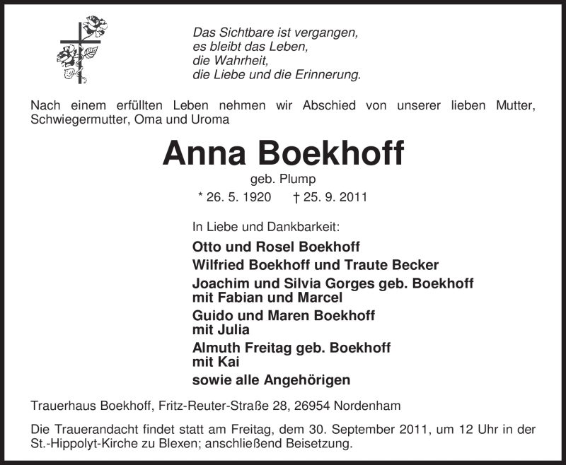 Traueranzeigen Von Anna Boekhoff Nordwest Trauer De