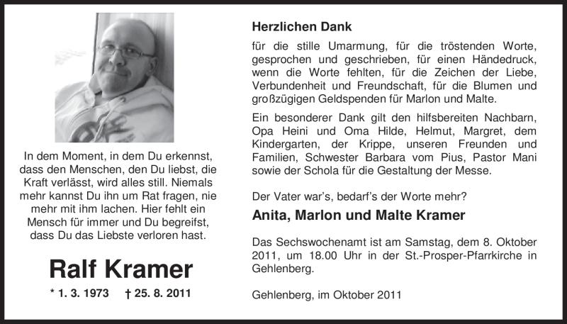  Traueranzeige für Ralf Kramer vom 08.10.2011 aus Nordwest-Zeitung