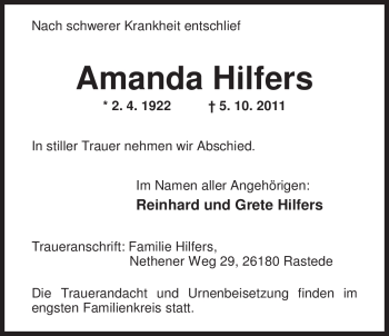 Traueranzeigen Von Amanda Hilfers Nordwest Trauer De