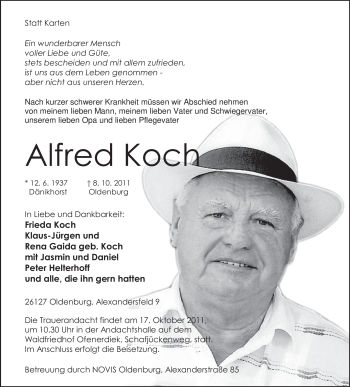 Traueranzeigen Von Alfred Koch Nordwest Trauer De