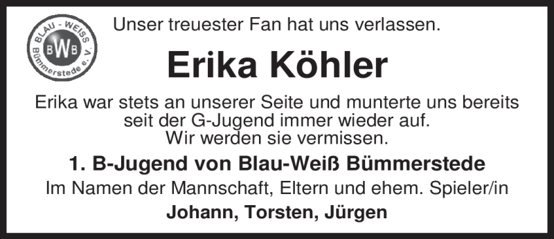  Traueranzeige für Erika Köhler vom 25.10.2011 aus Nordwest-Zeitung