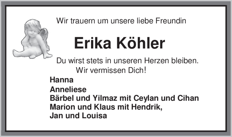  Traueranzeige für Erika Köhler vom 26.10.2011 aus Nordwest-Zeitung