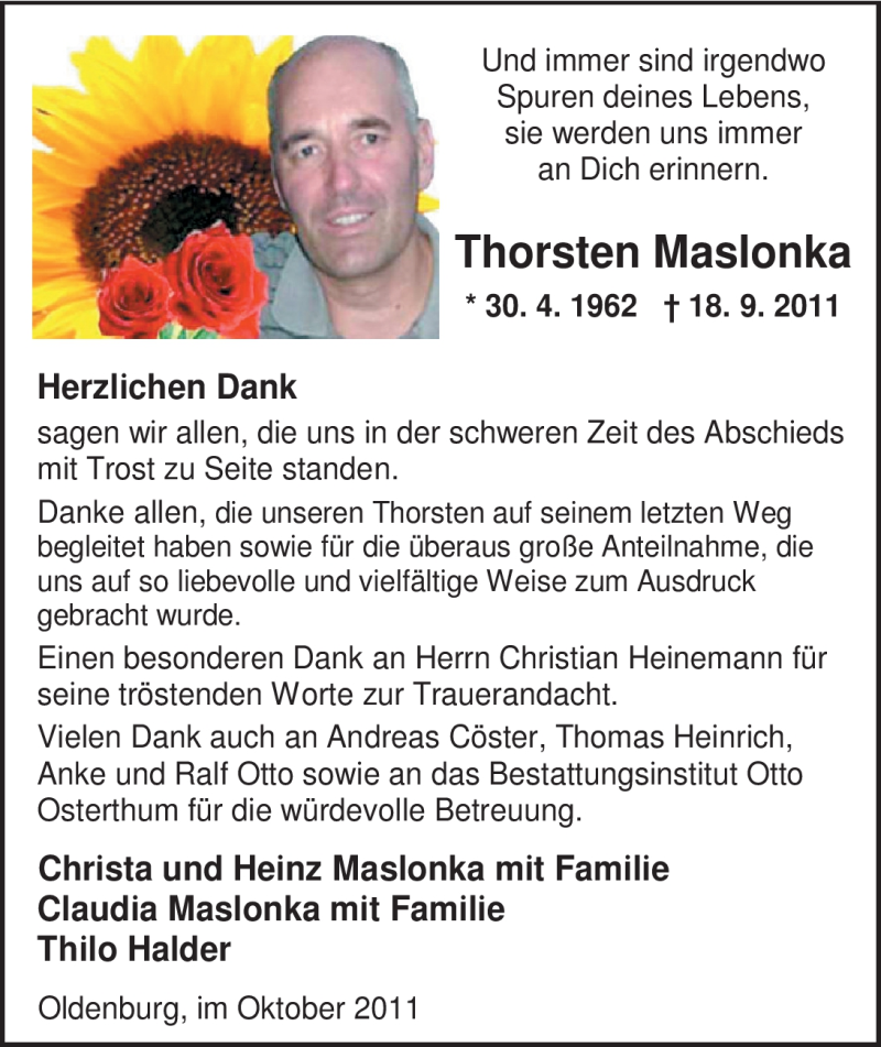  Traueranzeige für Thorsten Maslonka vom 29.10.2011 aus Nordwest-Zeitung
