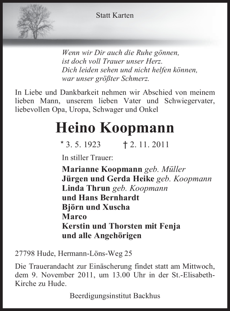 Traueranzeigen Von Heino Koopmann Nordwest Trauer De