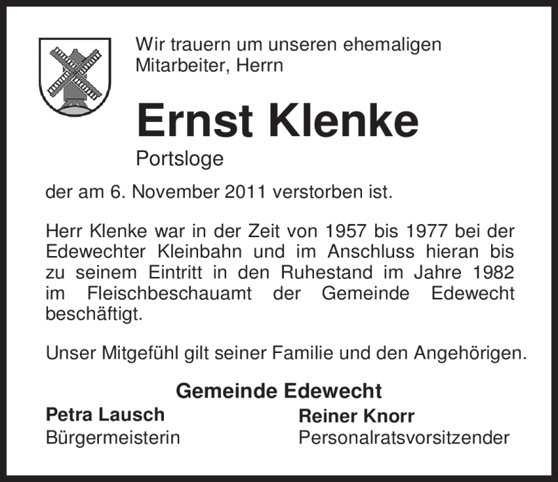  Traueranzeige für Ernst Klenke vom 08.11.2011 aus Nordwest-Zeitung