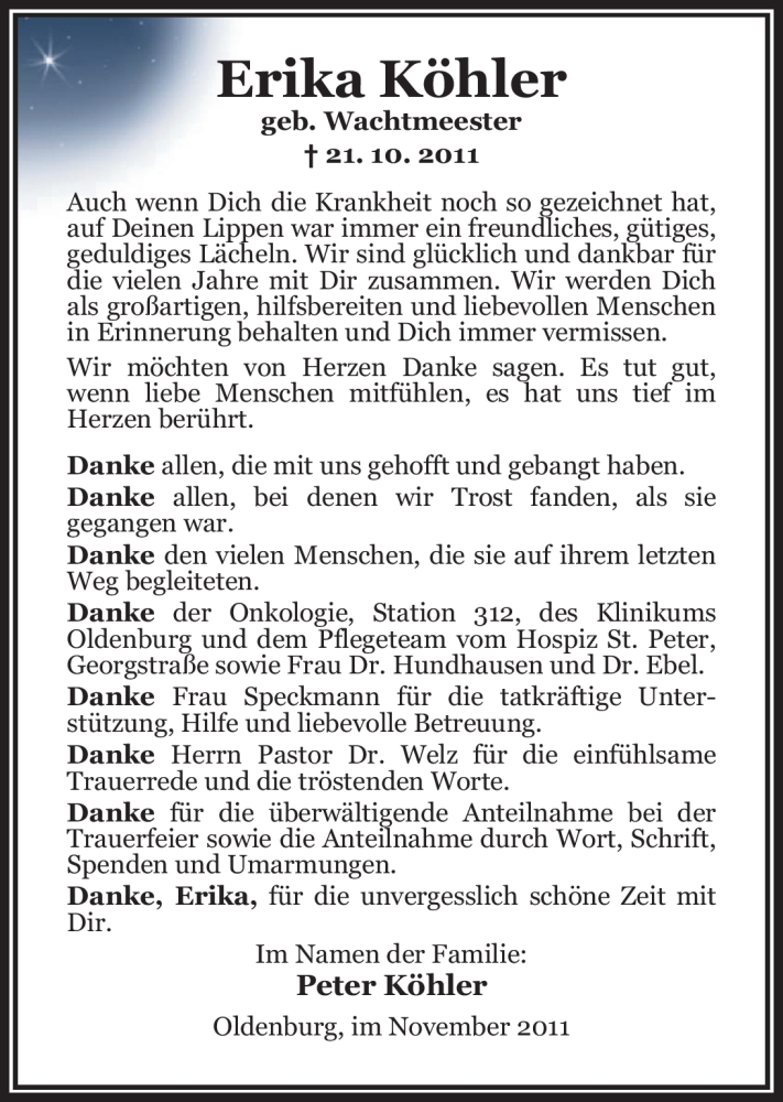  Traueranzeige für Erika Köhler vom 19.11.2011 aus Nordwest-Zeitung