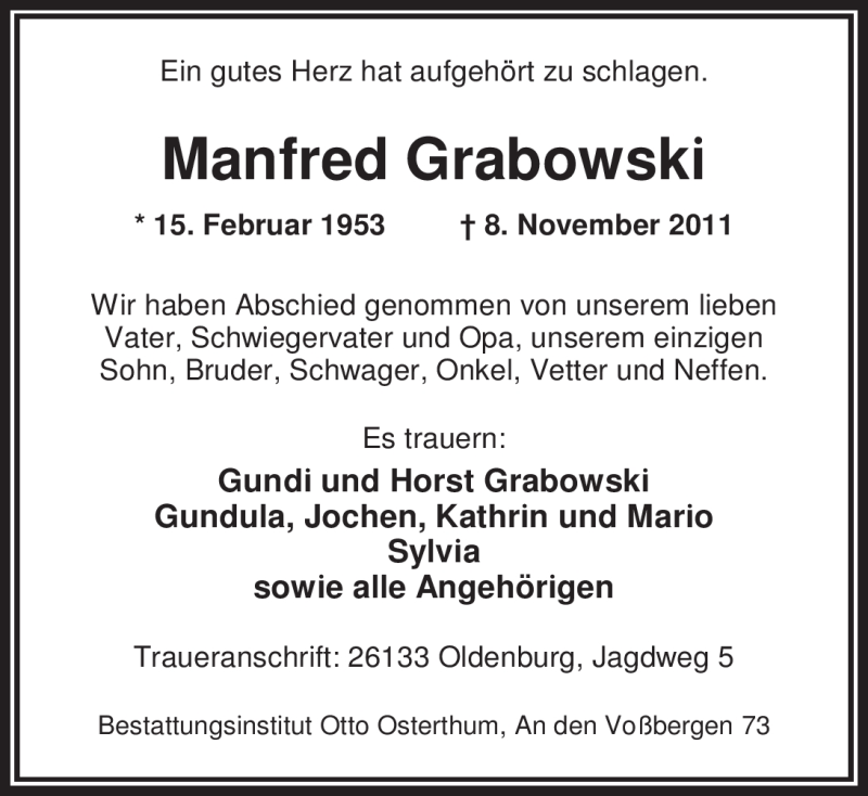  Traueranzeige für Manfred Grabowski vom 26.11.2011 aus Nordwest-Zeitung