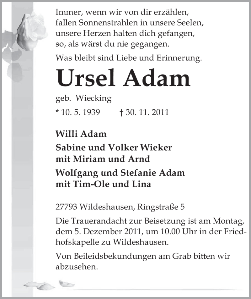 Traueranzeigen Von Ursel Adam Nordwest Trauer De