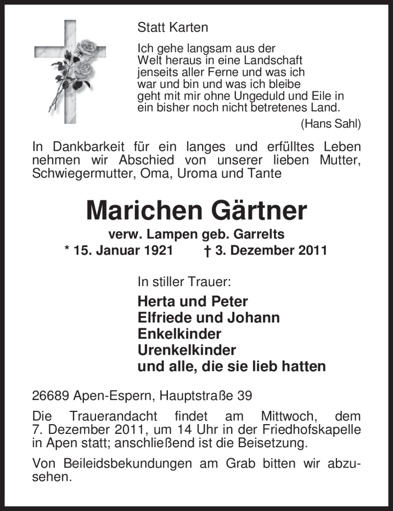  Traueranzeige für Marichen Gärtner vom 05.12.2011 aus Nordwest-Zeitung