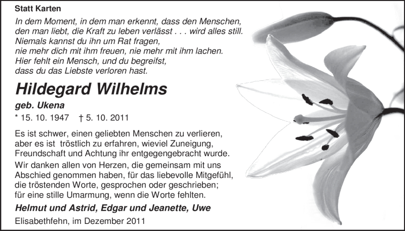  Traueranzeige für Hildegard Wilhelms vom 07.12.2011 aus Nordwest-Zeitung