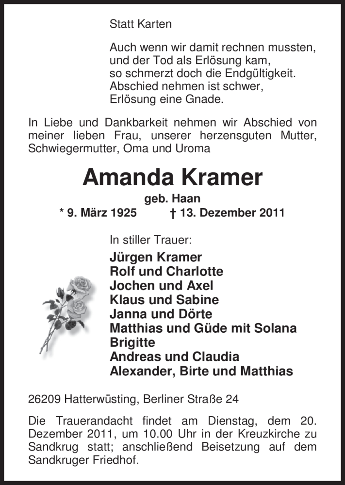 Traueranzeigen Von Amanda Kramer Nordwest Trauer De