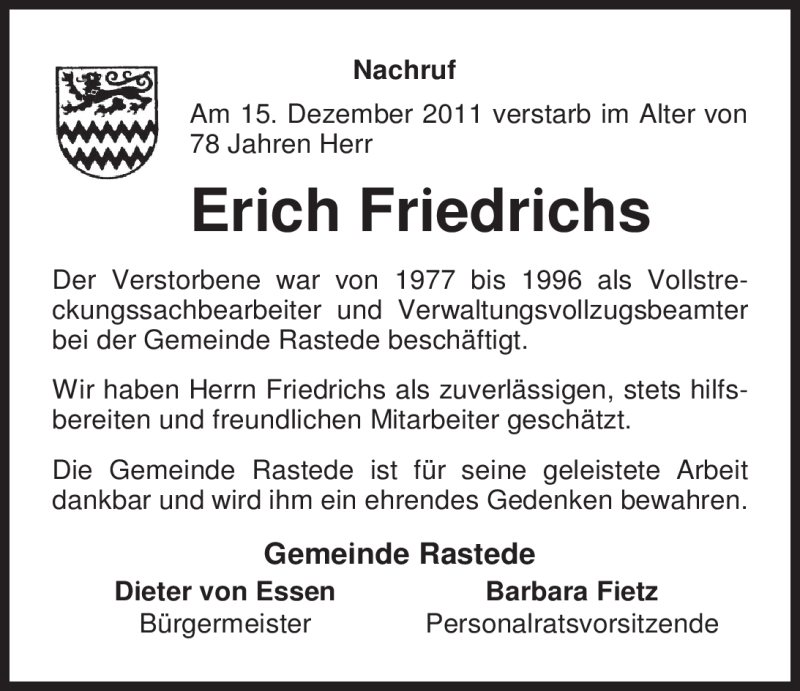 Traueranzeigen Von Erich Friedrichs Nordwest Trauer De