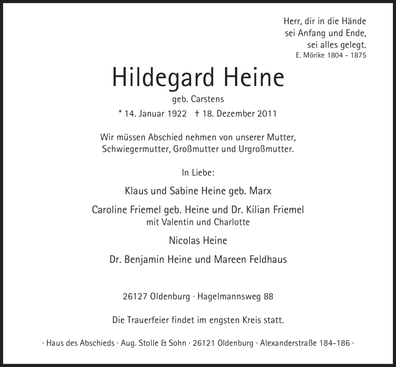 Traueranzeigen Von Hildegard Heine Nordwest Trauer De