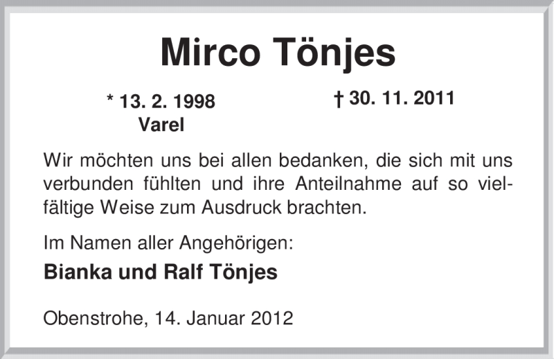  Traueranzeige für Mirco Tönjes vom 14.01.2012 aus Nordwest-Zeitung