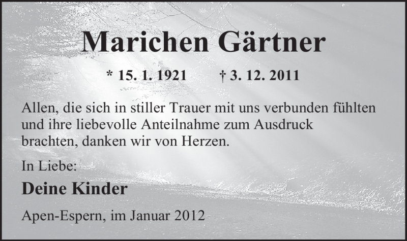 Traueranzeige für Marichen Gärtner vom 21.01.2012 aus Nordwest-Zeitung