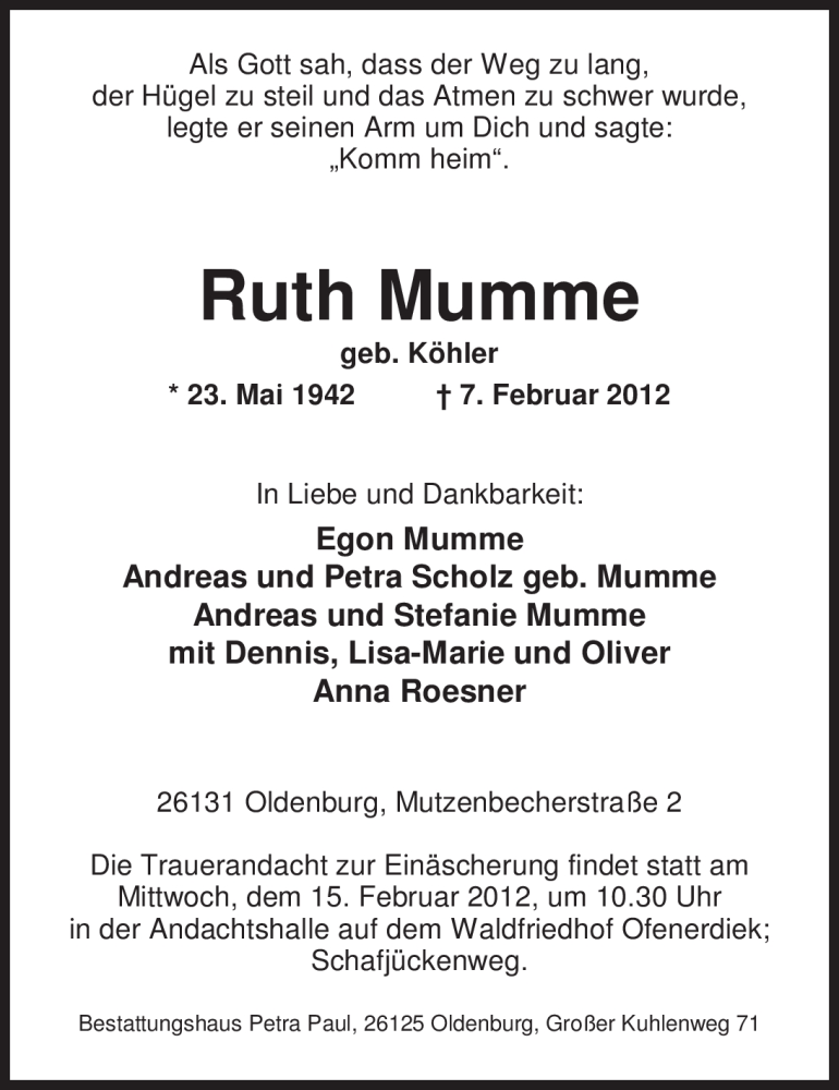  Traueranzeige für Ruth Mumme vom 11.02.2012 aus Nordwest-Zeitung
