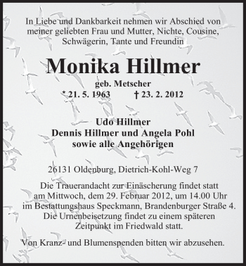 Traueranzeigen Von Monika Hillmer Nordwest Trauer De