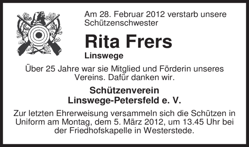  Traueranzeige für Rita Frers vom 01.03.2012 aus Nordwest-Zeitung