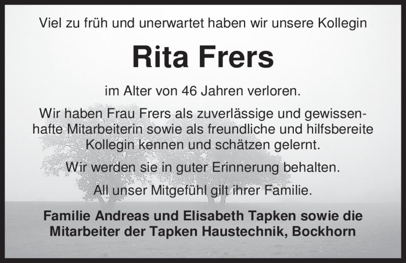  Traueranzeige für Rita Frers vom 02.03.2012 aus Nordwest-Zeitung