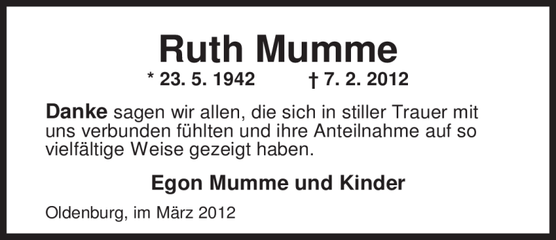  Traueranzeige für Ruth Mumme vom 10.03.2012 aus Nordwest-Zeitung