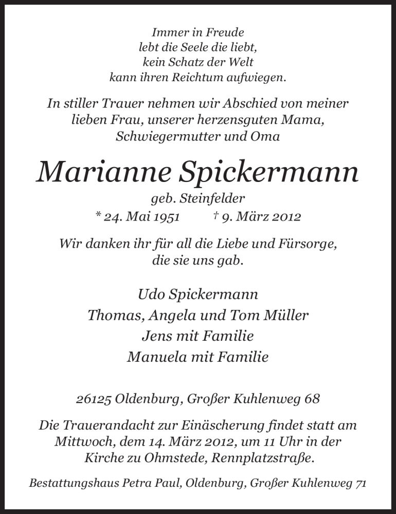  Traueranzeige für Marianne Spickermann vom 12.03.2012 aus Nordwest-Zeitung
