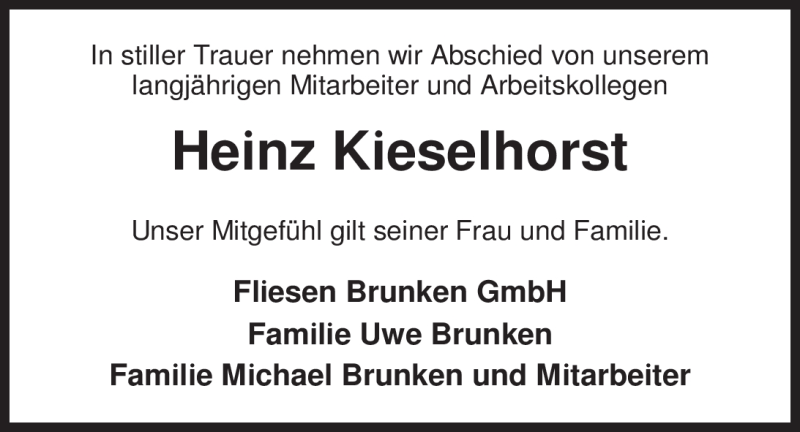  Traueranzeige für Heinz Kieselhorst vom 13.03.2012 aus Nordwest-Zeitung