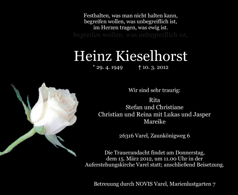  Traueranzeige für Heinz Kieselhorst vom 13.03.2012 aus Nordwest-Zeitung