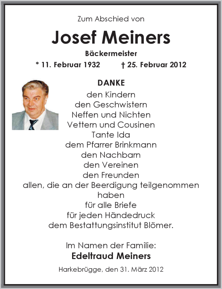 Traueranzeigen Von Josef Meiners Nordwest Trauer De