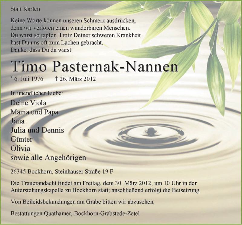  Traueranzeige für Timo Pasternak-Nannen vom 29.03.2012 aus Nordwest-Zeitung