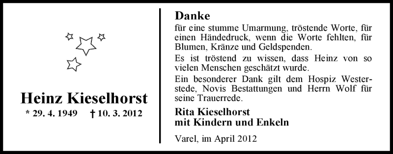  Traueranzeige für Heinz Kieselhorst vom 14.04.2012 aus Nordwest-Zeitung