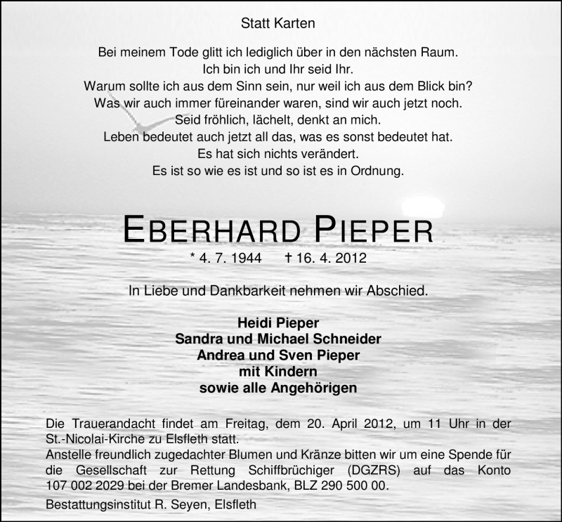  Traueranzeige für Eberhard Pieper vom 18.04.2012 aus Nordwest-Zeitung