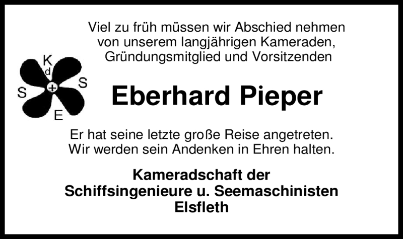  Traueranzeige für Eberhard Pieper vom 19.04.2012 aus Nordwest-Zeitung