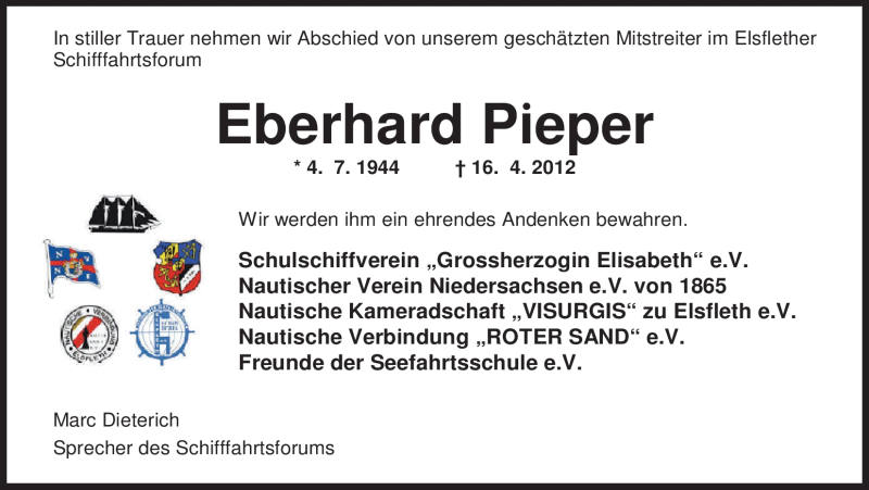  Traueranzeige für Eberhard Pieper vom 20.04.2012 aus Nordwest-Zeitung