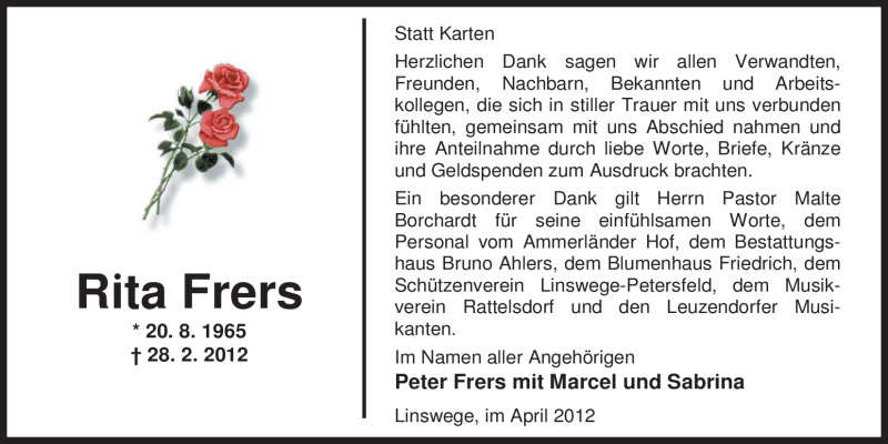  Traueranzeige für Rita Frers vom 28.04.2012 aus Nordwest-Zeitung