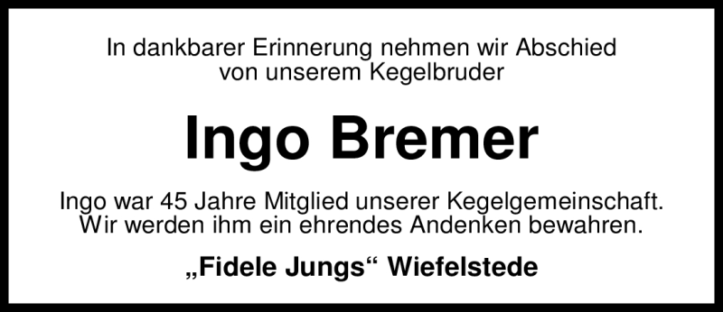  Traueranzeige für Ingo Bremer vom 27.04.2012 aus Nordwest-Zeitung