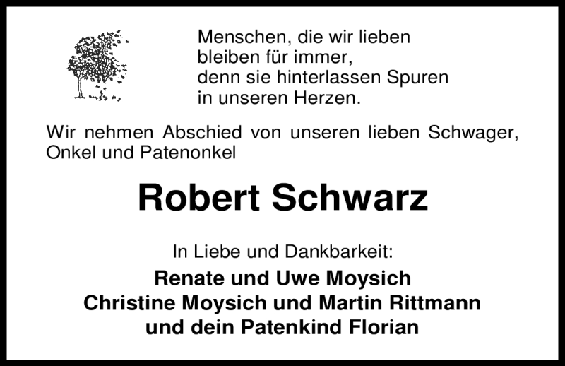  Traueranzeige für Robert Schwarz vom 31.05.2012 aus Nordwest-Zeitung